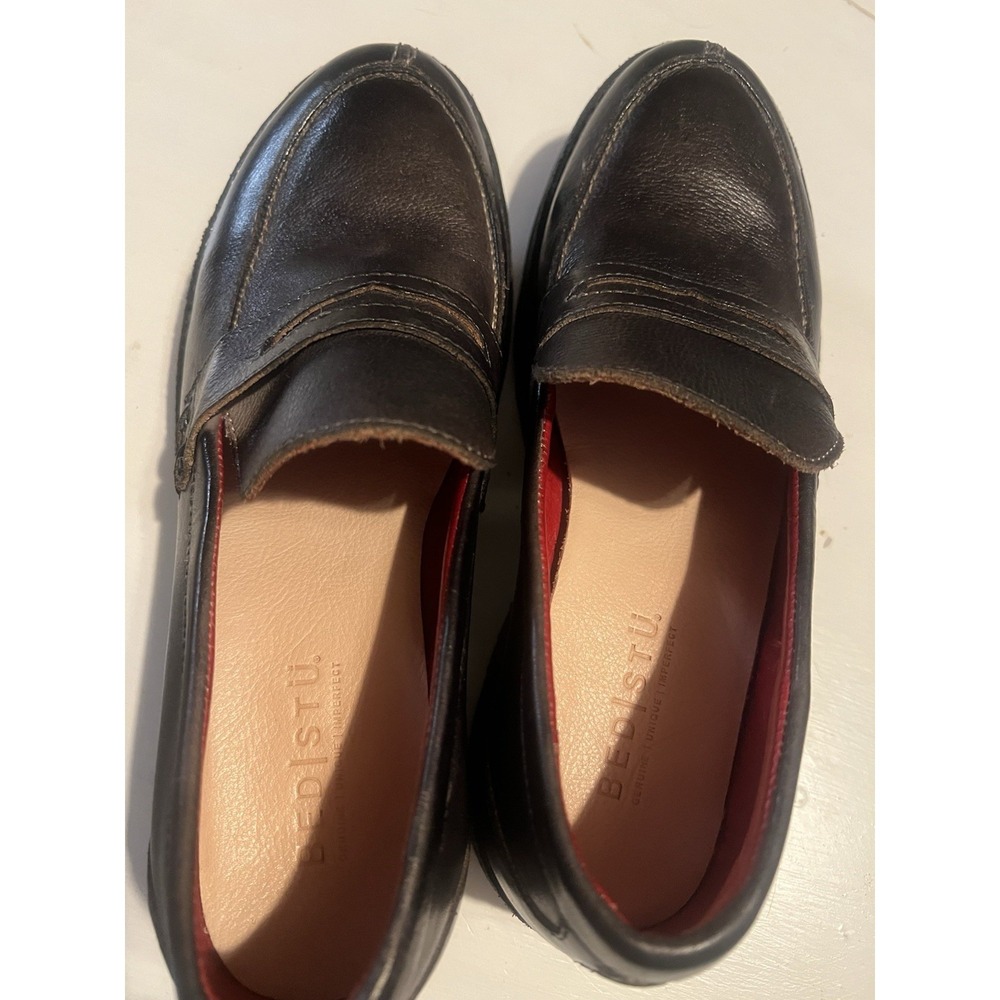 Bed Stu Black Leather Penny Loafers with Red Lining